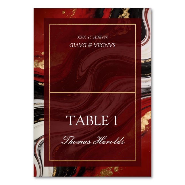 Chic Burgundy Gold Agate Marble Modern Wedding Tischnummer (Vorderseite)