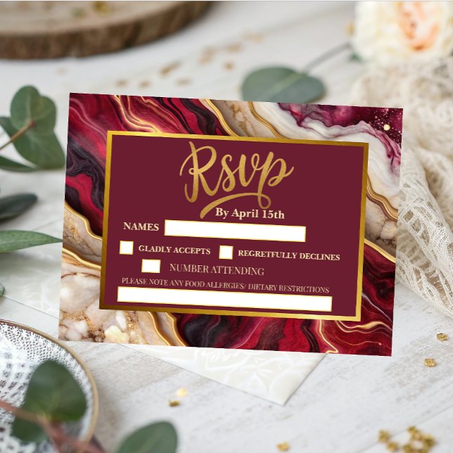 Chic Burgundy Gold Agate Marble Moderne Hochzeit RSVP Karte (Von Creator hochgeladen)