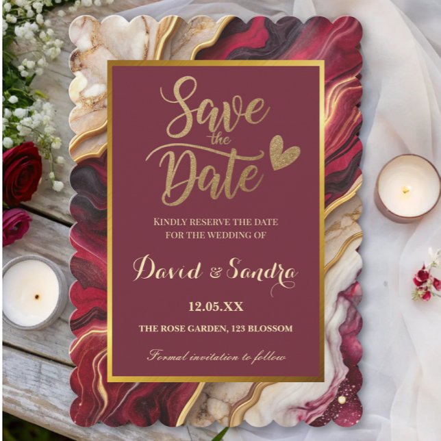 Chic Burgundy Gold Agate Marble Moderne Hochzeit Save The Date (Von Creator hochgeladen)