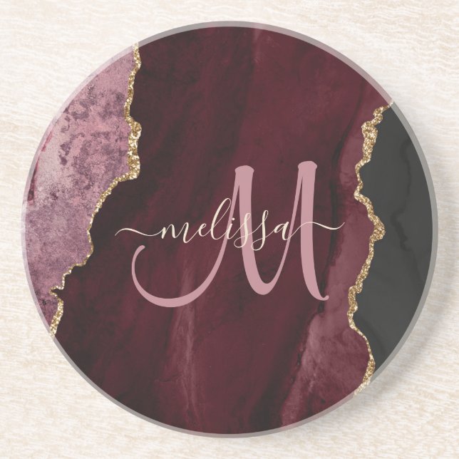 Chic Burgundy Gold Agate Script Custom Monogram Getränkeuntersetzer (Vorne)