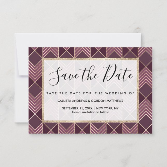 Chic Burgundy Gold Arrowhead Zickzack Geometric Save The Date (Vorderseite)