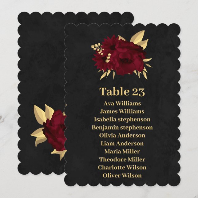 Chic burgundy & gold Black-Sitzkarte Einladung (Vorne/Hinten)