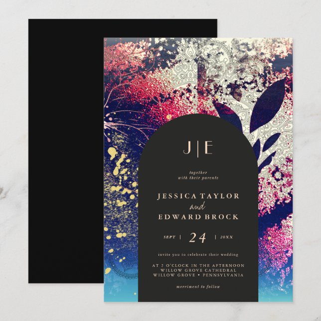 Chic Burgundy Gold Blue Botanical Abstrakt Wedding Einladung (Vorne/Hinten)
