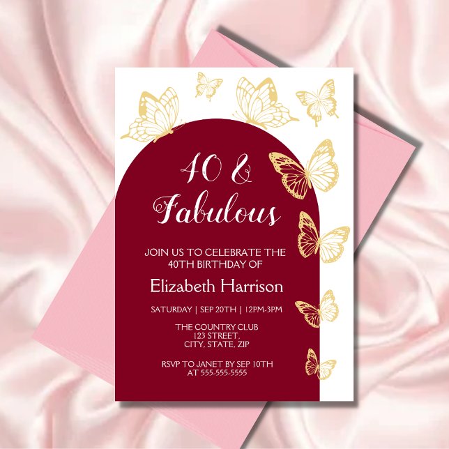 Chic Burgundy Gold Butterfliegen Fabulous Birthday Einladung (Von Creator hochgeladen)