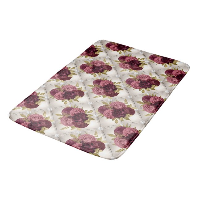 Chic Burgundy Gold Floral Diamant getuftetes Muste Badematte (Schrägansicht)