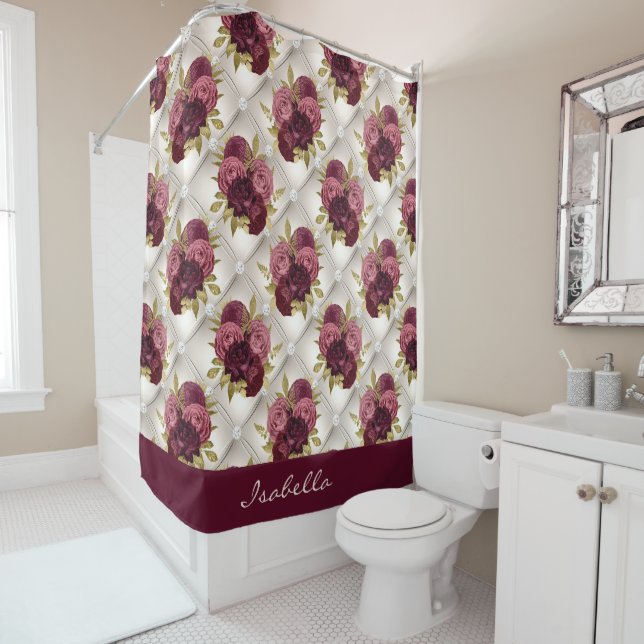 Chic Burgundy Gold Floral Diamant getuftetes Muste Duschvorhang (Beispiel)