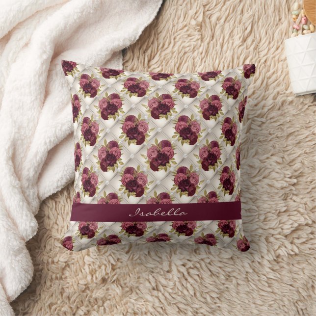 Chic Burgundy Gold Floral Diamant getuftetes Muste Kissen (Decke)