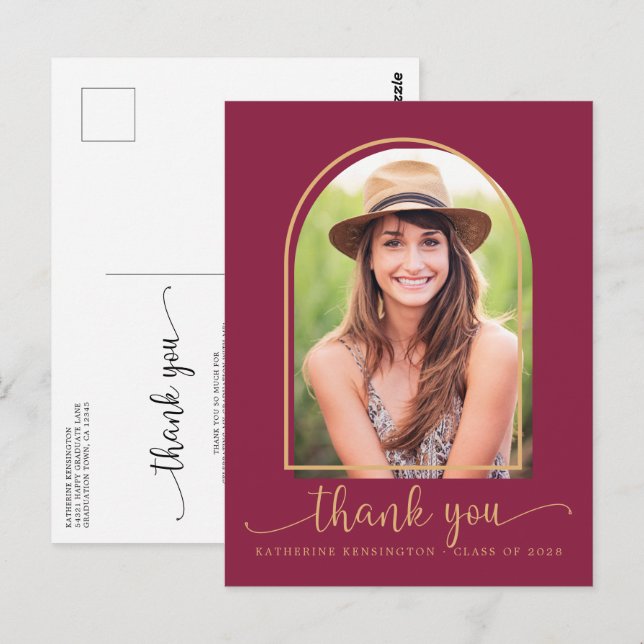 Chic Burgundy Gold Foto Abschluss Vielen Dank Postkarte (Vorne/Hinten)
