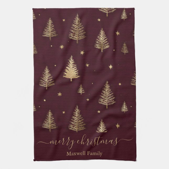 Chic Burgundy gold glitter merry christmas trees  Geschirrtuch (Vertikal)