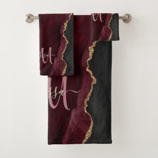 Chic Burgundy Gold Glitzer Agate Custom Monogram Badhandtuch Set