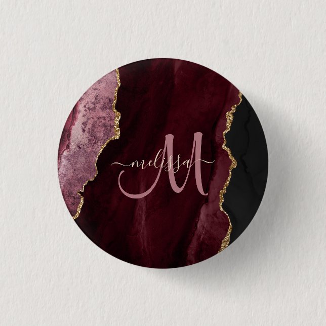 Chic Burgundy Gold Glitzer Agate Custom Monogram Button (Vorderseite)