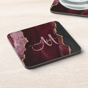 Chic Burgundy Gold Glitzer Agate Custom Monogram Getränkeuntersetzer