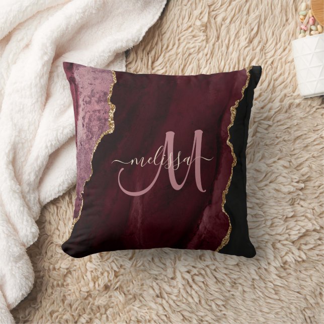 Chic Burgundy Gold Glitzer Agate Custom Monogram Kissen (Decke)
