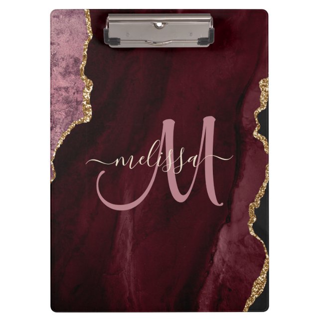Chic Burgundy Gold Glitzer Agate Custom Monogram Klemmbrett (Vorderseite)