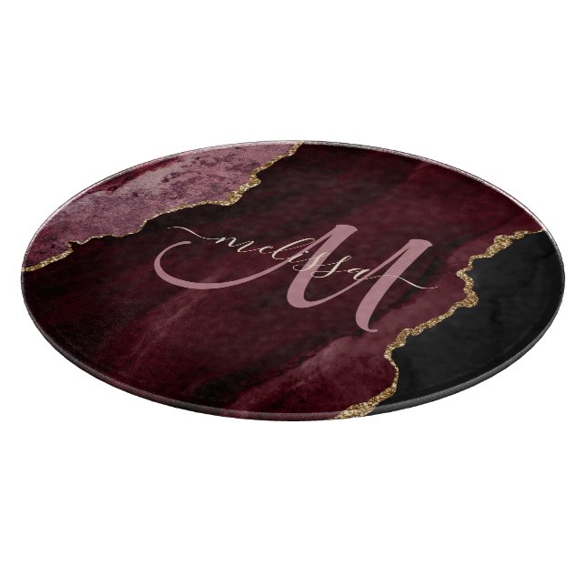 Chic Burgundy Gold Glitzer Agate Custom Monogram Schneidebrett (Ecke)