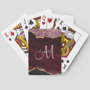 Chic Burgundy Gold Glitzer Agate Custom Monogram Spielkarten