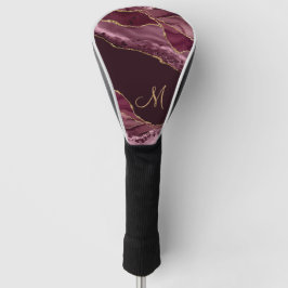 Chic Burgundy Gold Glitzer Agate Monogram Golf Headcover