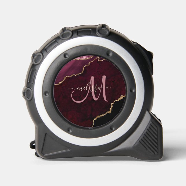 Chic Burgundy Gold Glitzer Agate Monogram Name Maßband (Vorderseite)