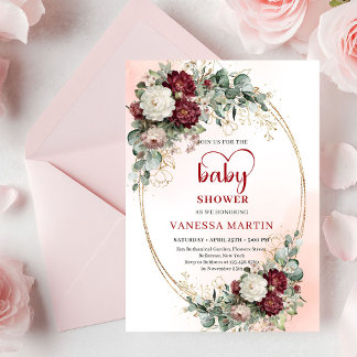 Chic Burgundy Gold Heart-Shaped Font Baby Shower Einladung