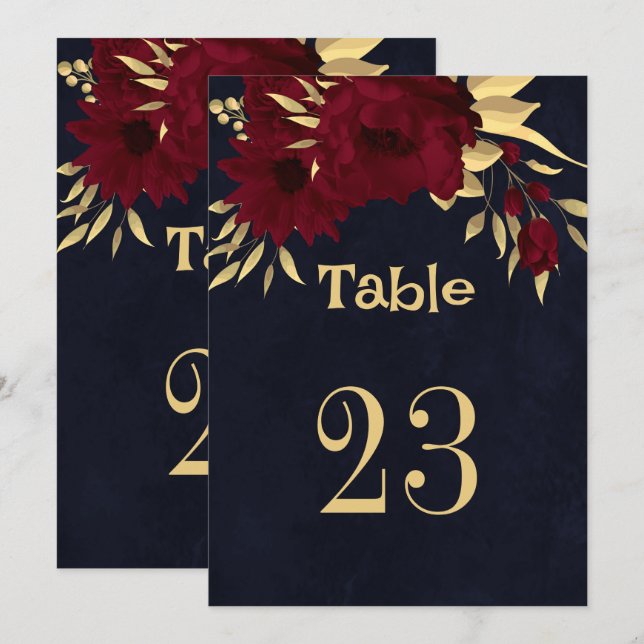 Chic burgundy & gold marineblaue Tischnummer (Vorne/Hinten)