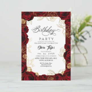 Chic Burgundy Gold Rose Birthday Invitation