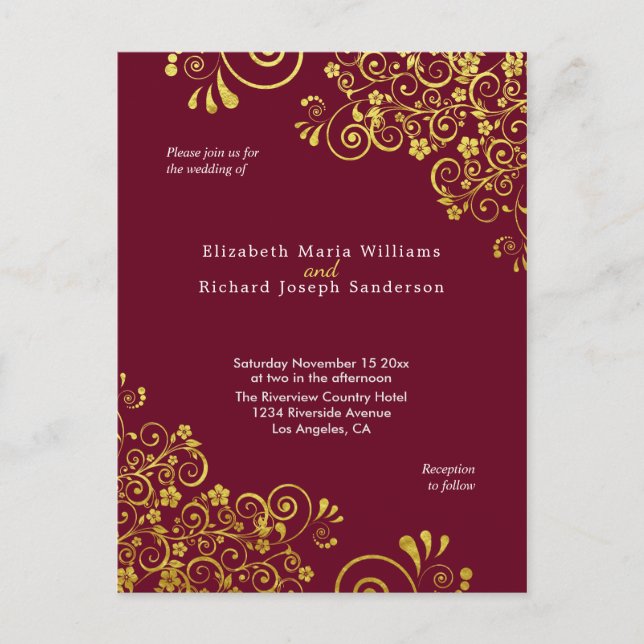 Chic Burgundy Gold Wedding Einladung UAWG Postkarte (Vorderseite)