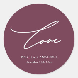 Chic Burgundy Liebe Script mit Name Wedding Runder Aufkleber