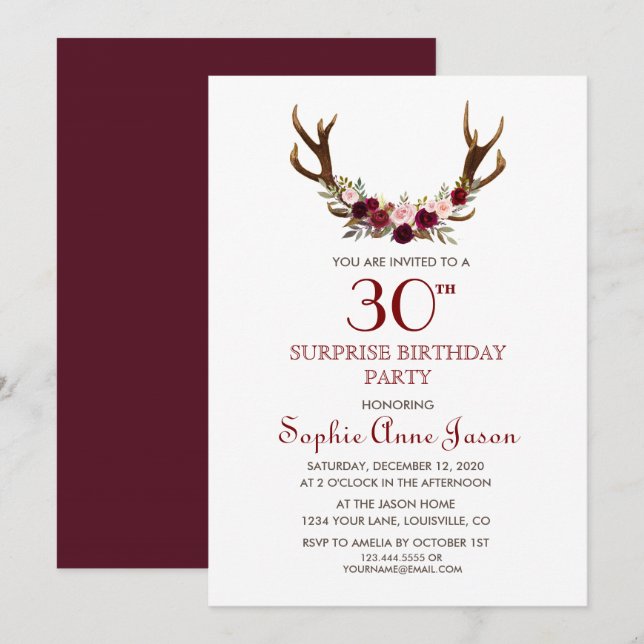 Chic Burgundy Marsala Floral Antlers 50. Geburtsta Einladung (Vorne/Hinten)