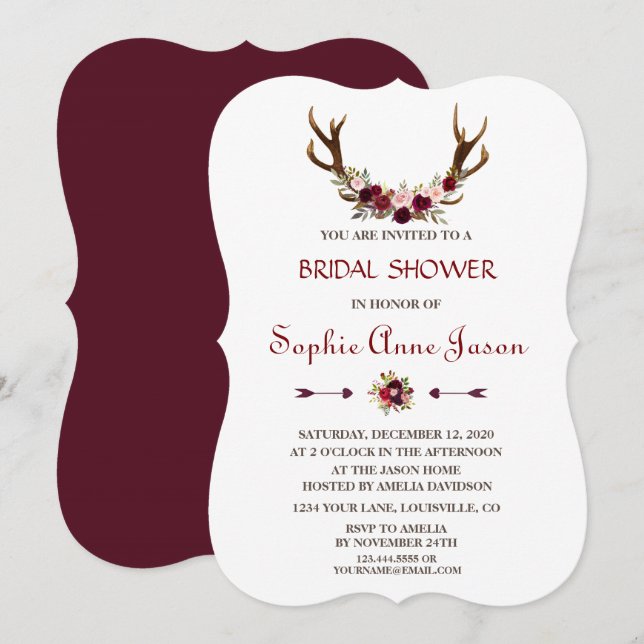 Chic Burgundy Marsala Floral Antlers Brautparty Einladung (Vorne/Hinten)