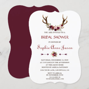 Chic Burgundy Marsala Floral Antlers Brautparty Einladung