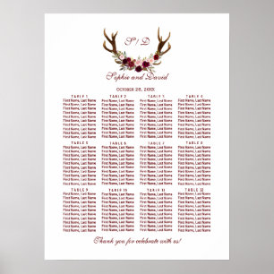 Chic Burgundy Marsala Floral Antlers Seekarte Poster