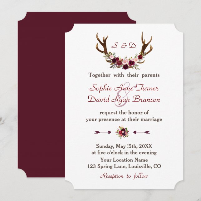 Chic Burgundy Marsala Floral Antlers Wedding Einladung (Vorne/Hinten)