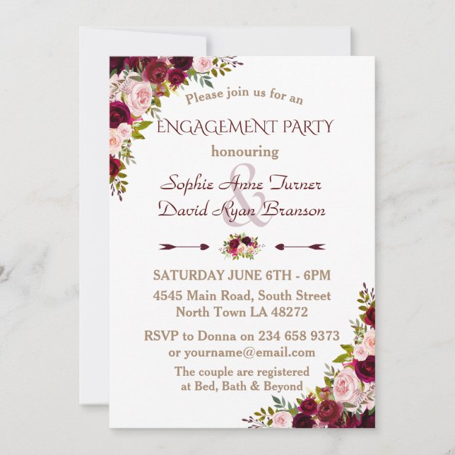 Chic Burgundy Marsala Floral Engagement Party Einladung (Vorderseite)
