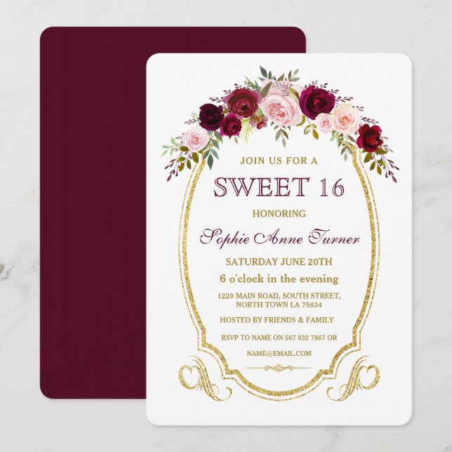 Chic Burgundy Marsala Floral Fall SWEET 16 Einladung (Vorne/Hinten)