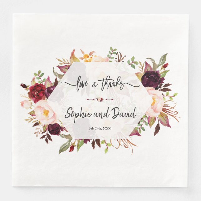 Chic Burgundy Marsala Floral Geometric Wedding Serviette (Vorderseite)