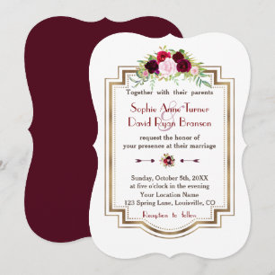 Chic Burgundy Marsala Floral Gold Hochzeit im Herb Einladung