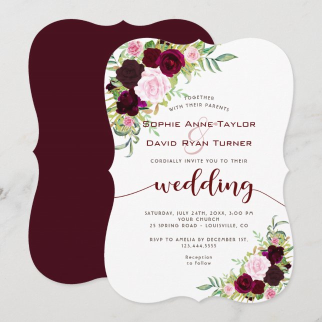 Chic Burgundy Marsala Floral Gold Wedding Einladung (Vorne/Hinten)