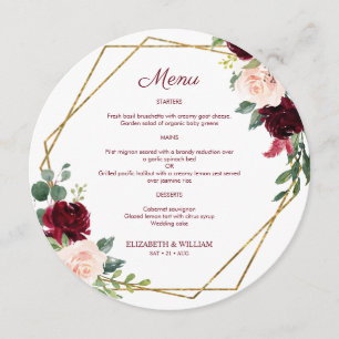 Chic Burgundy Marsala Floral Round Menu für Plättc Menükarte