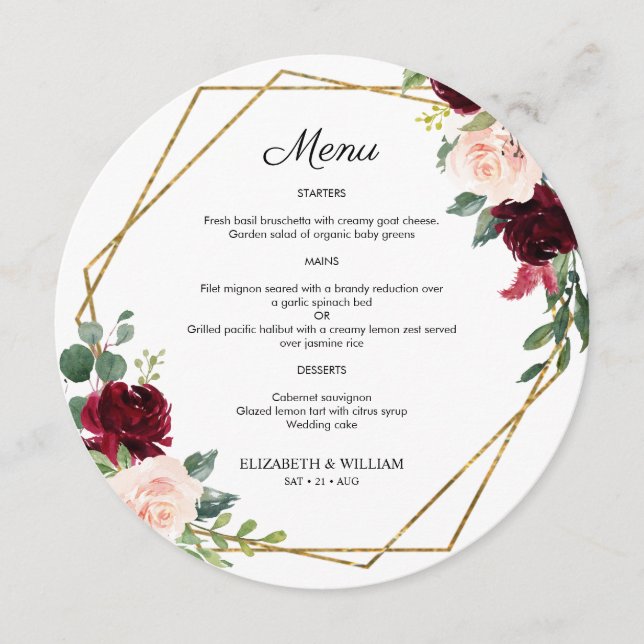 Chic Burgundy Marsala Floral Round Menu für Plättc Menükarte (Vorderseite)