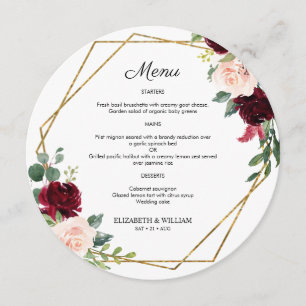 Chic Burgundy Marsala Floral Round Menu für Plättc Menükarte