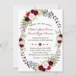 Chic Burgundy Marsala Floral Wreath Wedding Einladung
