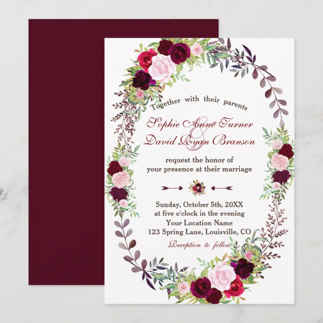 Chic Burgundy Marsala Floral Wreath Wedding Einladung (Vorne/Hinten)