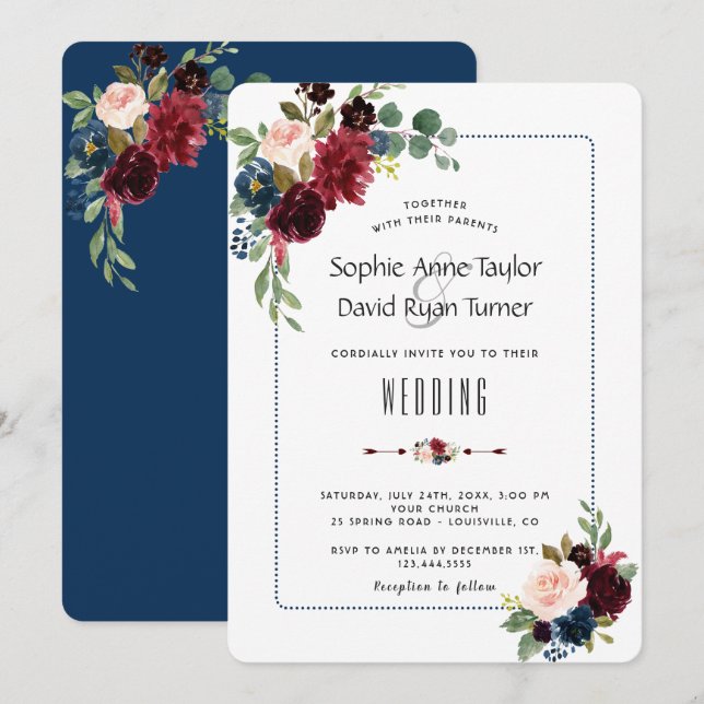 Chic Burgundy Navy Blue Floral Frame Wedding Einladung (Vorne/Hinten)