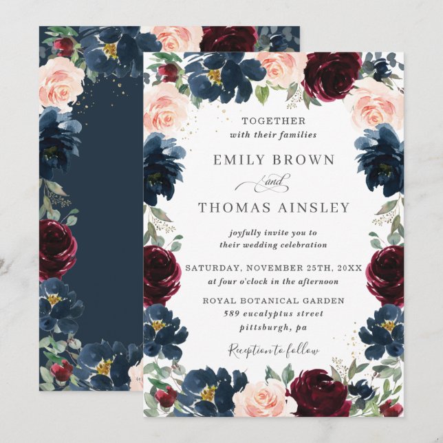 Chic Burgundy Navy Blush Bloral Wedding Einladung (Vorne/Hinten)