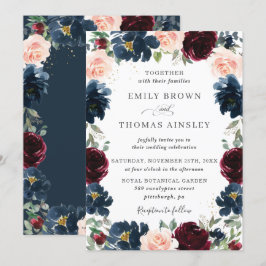 Chic Burgundy Navy Blush Bloral Wedding Einladung