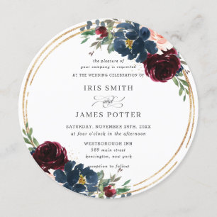 Chic Burgundy Navy Blush Bloral Wedding Einladung