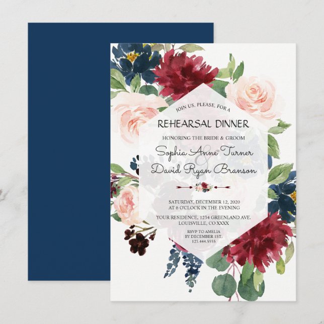 Chic Burgundy Navy Floral Hexagon Probe Dinner Einladung (Vorne/Hinten)