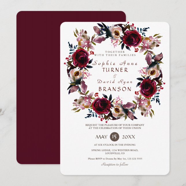 Chic Burgundy Peach Floral Wreath Wedding Einladung (Vorne/Hinten)