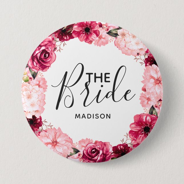 Chic Burgundy & Pink Blumenreath The Bridge Button (Vorderseite)