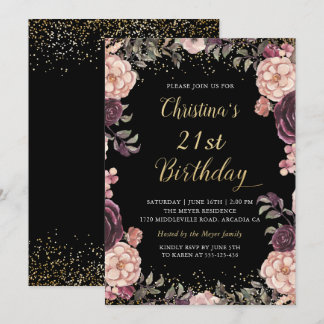 Chic Burgundy Pink Floral Black Birthday Party Einladung